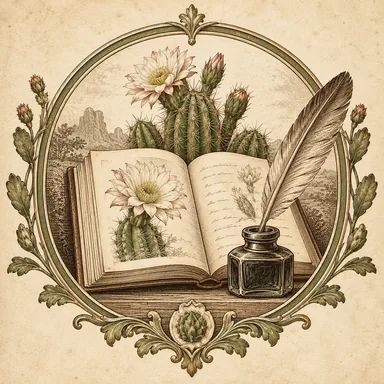 A book, pen and inkwell among cacti