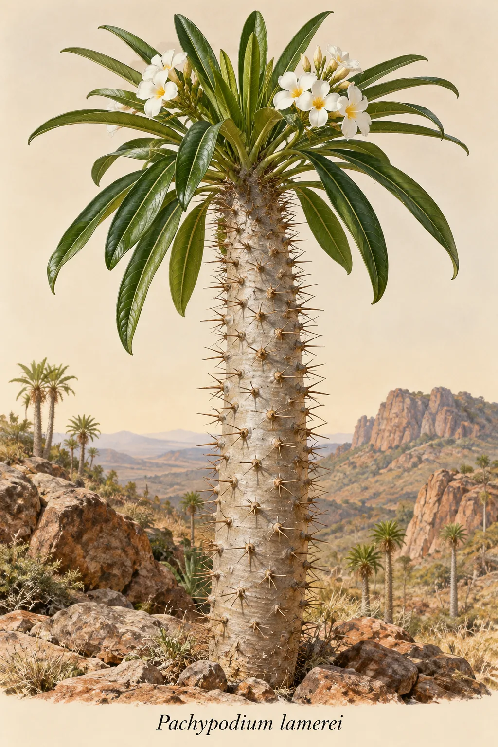 Illustrative depiction of Pachypodium lamerei with a thick spiny stem, a crown of narrow leaves and white flowers.